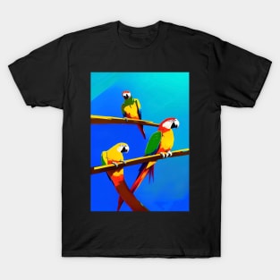 3 BEAUTIFUL PARROTS BLUE AND PURPLE  BACKGROUND T-Shirt